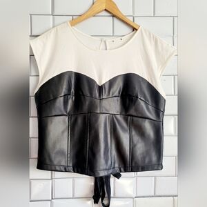Cato Ladies Black Faux Leather Top With Off White Jersey Bodice Rear Lace Up Det